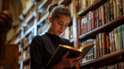 Wall Mural - A female professor is reading a book in a library. Background: Large bookshelf.