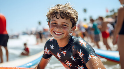 A teen boy surfing in summer beach holiday