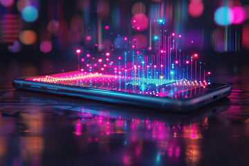 A modern smartphone on a table emits a neon holographic glow. Generated by artificial intelligence