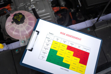 Wall Mural - a risk assessment form with color matrix table is place on the car hood with background of engine sy