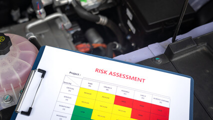 Wall Mural - a risk assessment form with color matrix table is place on the car hood with background of engine sy