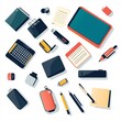 © Chaikit - 240805 05. A simple vector icon illustration depicting the group of office and business accessories at center for a website isolated white background with items such as planners, business cards, and