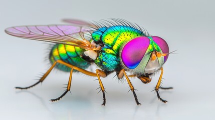 A colorful fly with a green head and orange legs. The fly is standing on a white surface