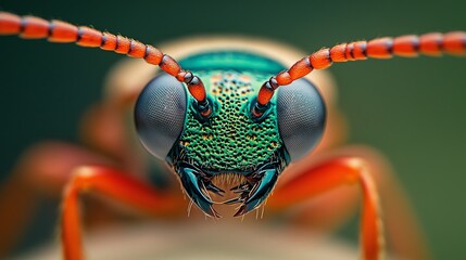 A close up of a bug's head with red and green colors. The bug's head is the main focus of the image