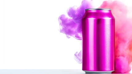 Wall Mural - A can of pink soda is next to a cloud of purple smoke. The smoke is coming from the can, creating a dramatic and eye-catching effect. Concept of excitement and energy