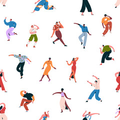 Poster - Happy dancing people, seamless pattern. Party, endless background with joyful energetic characters, celebration. Festive repeating print, disco. Repeatable flat vector illustration for textile, fabric