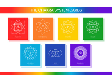 Wall Mural - The Chakra system cards collection, line art symbols. Meditation, spirituality, energy, healing vector illustration icon set on white background