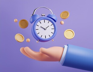 3D hand reaches out to catch a blue alarm clock and a few golden coins, 3D render