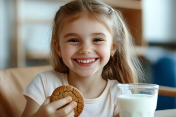 Little happy smiling girl eating a cookie and drinking milk.