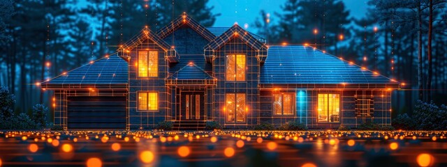 smart home technology concept.  glowing electronic house in blue and orange colors. artificial intelligence, innovation style.  banner