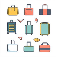 240805 92. A simple vector icon illustration depicting the group of luggage accessories at center for a website isolated white background with luggage tag trolley bag duffel bag packing cubes travel