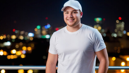 Plus size young man wearing white t-shirt and white baseball cap standing on cityscape at night background