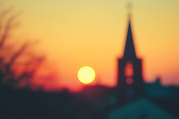 Blur church in the sunset background, abstract background religion church.