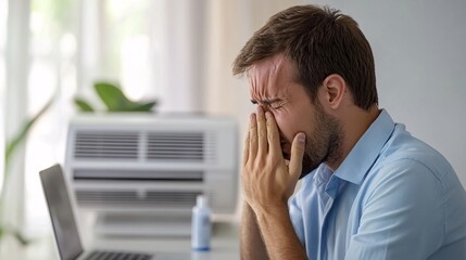 Wall Mural - 240805 154. a man having nose pain at office. nasal cavity due to sinusitis and air conditioning exposure longtime. Health and medical concept isolated on white background,png with man adjusting air