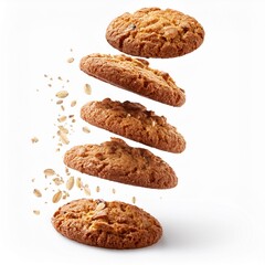 Wall Mural - Falling oatmeal cookies isolated on white background