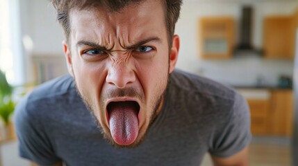 Wall Mural - 240805 164. A man experiencing discomfort on tongue while at home dining room. Lingual muscle affected due to glossitis and regular spicy food consumption longtime. Health and medical concept