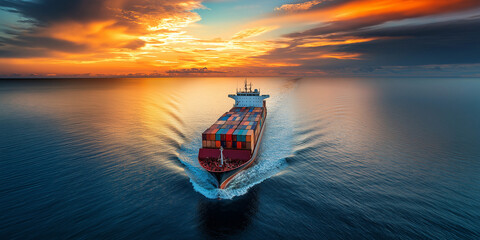 Wall Mural - Aerial side view of smart cargo ship carrying container at the sunset time.