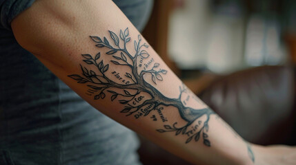Wall Mural - close-up of a family tree tattoo on someone's forearm, showing names intertwined with branches and l