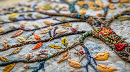 Wall Mural - close-up of a hand-stitched family tree embroidery, with names and dates sewn into the branches and 