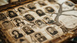 © Евгений Архипов - Close-up of a vintage-style family tree diagram in a frame, with sepia-toned photos and calligraphy