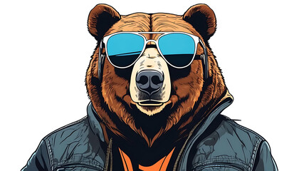 A bear wearing sunglasses. Close-up portrait of a bear, on a transparent background.