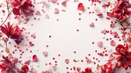 Canvas Print - Valentine's Day background with round floral frame and confetti on white backdrop.