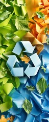 Poster - Recycle Symbol with Green and Blue Paper and Leaves.