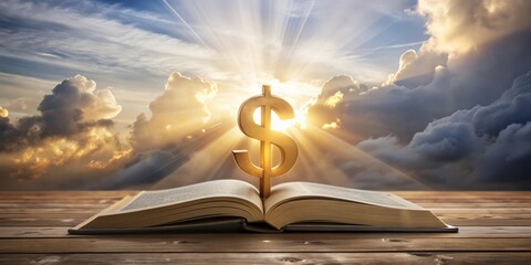 Golden Dollar Sign Rising From Open Book Under Heavenly Light.