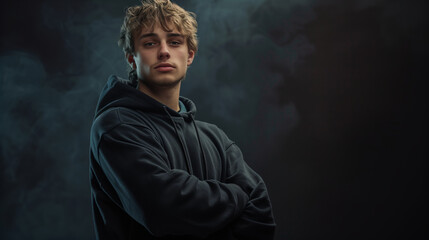 A young man in a black hoodie stands with his arms crossed against a dark background