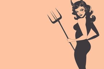 Wall Mural - A vintage retro style sexy halloween devil woman with a pitch fork