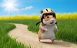 © Lale - Hamster in Helmet Walking on Grass Trail with Vibrant Sky and yellow grass Background.