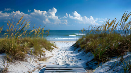 Poster - A picturesque Atlantic beach with rolling dunes, sea oats swaying in the breeze, and a wooden boardwalk leading down to the water.