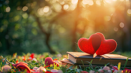 Hearts and books with copy space on nature background