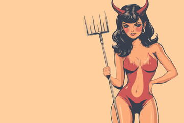 Wall Mural - A vintage retro style sexy halloween devil woman with a pitch fork