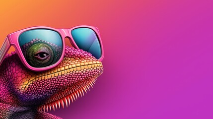 Sticker - A colorful lizard wearing sunglasses is the main focus of the image. The lizard is wearing pink and green sunglasses, and the background is a bright purple color. The image conveys a fun