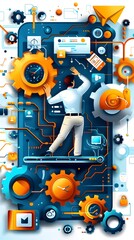 Wall Mural - man working with technology and gears.