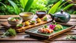 © AK2478 - Delicate sashimi dishes and dainty tea cups rest on a rustic wooden table amidst lush greenery, evoking a serene Japanese-inspired matcha harmony experience.