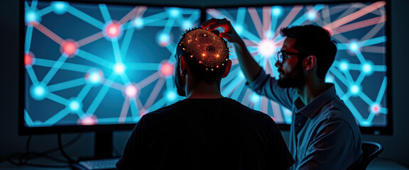 Futuristic BCI:  Scientist using a Brain Computer Interface to understand brain activity. Conceptual image about artificial intelligence, neuroscience, brain science, technology, virtual reality.