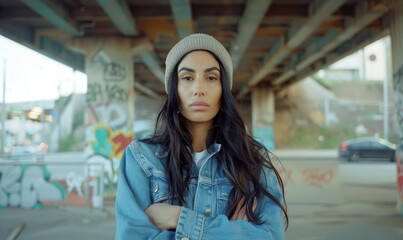 Canvas Print - A young woman with long dark hair and a beanie stands under a bridge with her arms crossed. AI.