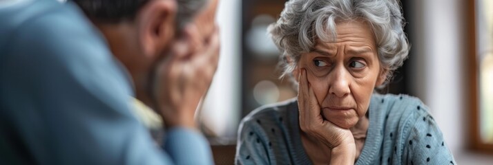 Canvas Print - A woman looks worried as she listens intently. AI.