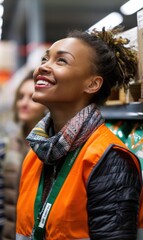 Poster - Cheerful worker wearing a high-visibility vest looking up. AI.