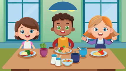 happy kids eating healthy vector art illustration