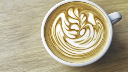 Coffee Latte Art Design in White Cup on Wooden Table