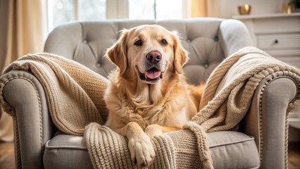 Adorable golden retriever snuggles up on a plush armchair, surrounded by soft blankets and pillows, epitomizing warmth and comfort on a lazy afternoon.