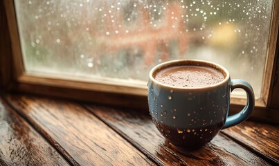 Wall Mural - A steaming mug of hot chocolate placed on a rustic wooden table