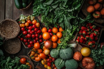 Wall Mural - A colorful variety of fresh fruits and vegetables fills market baskets, showcasing the abundance and diversity of locally sourced produce