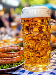 Wall Mural - beer on the table and appetizing German sausages. AI generative.