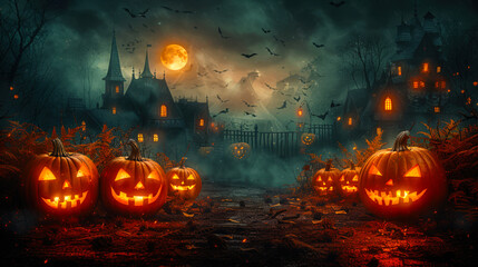 Wall Mural - A Halloween scene with a yellow moon in the background, Dracula's castle and a group of pumpkins with illuminated scary faces. Halloween background