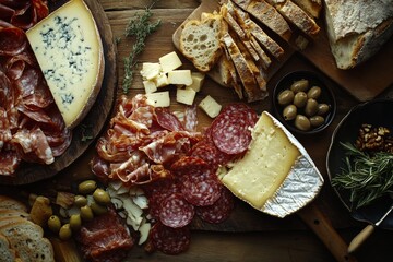 Wall Mural - A rustic wooden table is adorned with a selection of artisan cheeses, cured meats, fresh bread slices, and olives, perfect for a charcuterie gathering with friends