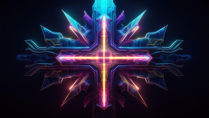 A neon cross in a cyberpunk atmosphere on a dark background exposing the cross. 4K illustration